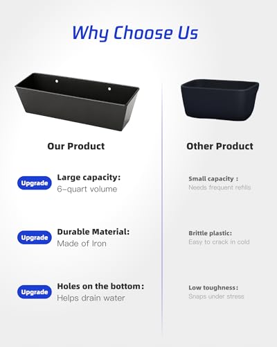 3 Pack 6 Qt Metal Feed Trough for Goats & Ducks, Heavy Duty Iron Hanging Livestock Feeder with Drain Holes & Plugs, Fence/Wall Mount Manger for Sheep, Piglets, Deer & Poultry
