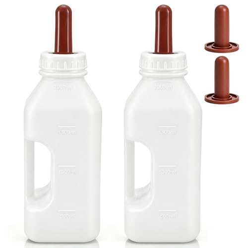 Tlence 2 Pack Screw Nipple Calf Feeding Device, 2.11 Quart Calves Nursing Bottle with 4 Rubber Pacifier, Calf Milk Feeder with Hand Grip Handle for Livestock Supplies