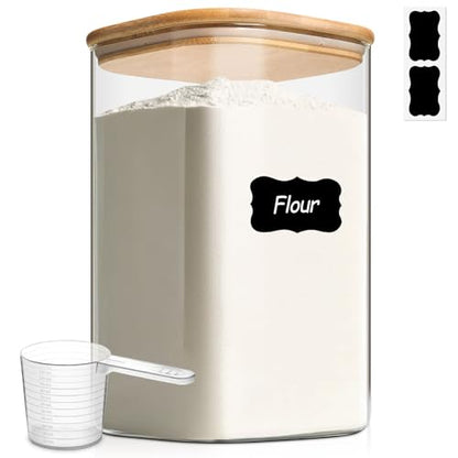 ComSaf 4.6Qt Glass Food Storage Containers, 1.2 Gallon Glass Flour and Sugar Containers with Airtight Lids, Large Square Jars with Bamboo Lids for Rice, Pasta, Oats, Grains, Cookies, Coffee Beans - color: 4.6Qt-Square