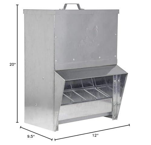 RentACoop Metal Trough Feeder with Lid & Rain Cover – Galvanized Steel, Gravity-Fed, Side View Window, Adjustable Grate for Easy Cleaning – Suitable for Chickens, Ducks, Poultry & More – 25lb Capacity - size: 25LB Capacity