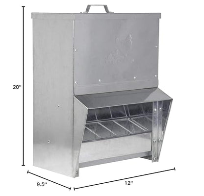 RentACoop Metal Trough Feeder with Lid & Rain Cover – Galvanized Steel, Gravity-Fed, Side View Window, Adjustable Grate for Easy Cleaning – Suitable for Chickens, Ducks, Poultry & More – 25lb Capacity - size: 25LB Capacity
