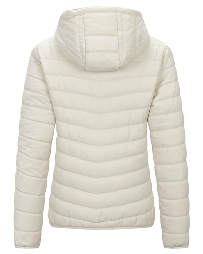 Outdoor Ventures Women's Packable Lightweight Full-Zip Puffer Jacket with Hood Quilted Winter Coat - color: Beige(fold in Pocket), size: Small
