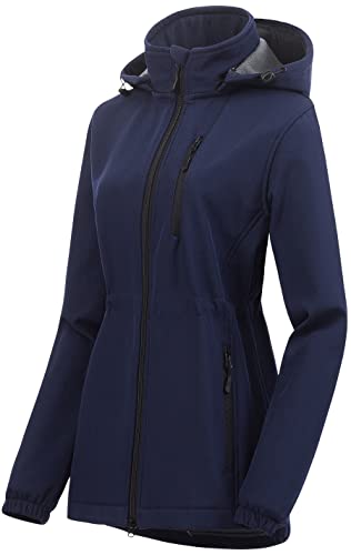 Chrisuno Women's Lightweight Long Softshell Fleece Lined Jacket Anorak Raincoat With Removable Hood - color: Navy, size: 3X-Large