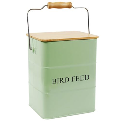 Metal Bird Seeds storage container,Outdoor Bird Container Canister, Pet Food Bin with Wooden Lid/Handle/Food scoop,hold 5-6 Lbs of Wild Bird Seed Sunflower Seed-Preventing Squirrels-Green