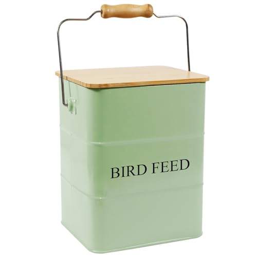 Metal Bird Seeds storage container,Outdoor Bird Container Canister, Pet Food Bin with Wooden Lid/Handle/Food scoop,hold 5-6 Lbs of Wild Bird Seed Sunflower Seed-Preventing Squirrels-Green