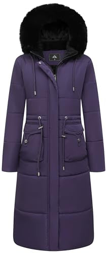 MOERDENG Women's Long Winter Puffer Coat Waterproof Warm Maxi Down Jacket Faux Fur Removable Hood Parka - color: Purple, size: Small