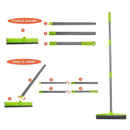 Push Broom Pet Hair Removal Broom with Squeegee,Soft Silicone Bristle Broom with Long Handle, Non Scratch Carpet Sweeper Brush for Cat/Dog Hair Hardwood Tile Windows(Green) - color: Green
