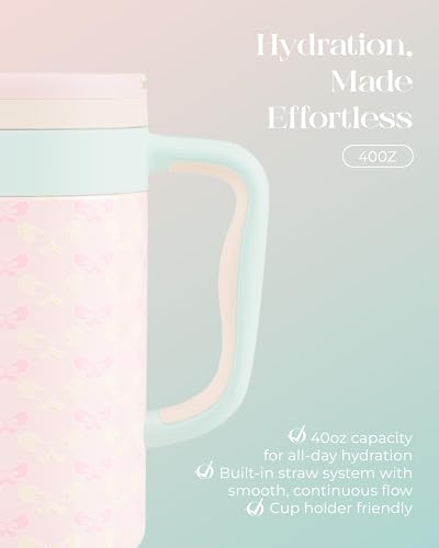 40 oz Insulated Tumbler with Handle and Push-Button Straw Lid, Stainless Steel Travel Cup for Gym Office, Leakproof, BPA-Free, Cup Holder Friendly, Bow Silicone Boot, Pink (Coquette Bloom) - color: Coquette Bloom