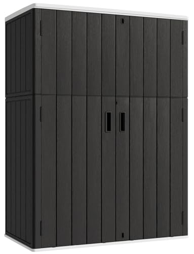 KINYING Outdoor Vertical Storage Shed,57 Cu.ft Outdoor Storage Cabinet Waterproof,Resin Sheds & Outdoor Storage Clearance for Garden,Patio,Backyard,Lockable (Black) - color: Black, size: 57 Cu.ft