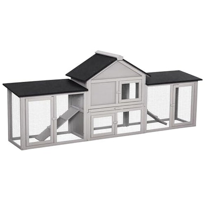 PawHut 83" L Outdoor Rabbit Hutch with Double Runs, Large Guinea Pig Cage Indoor, Wooden Bunny Hutch with Weatherproof Roof, Removable Tray, Ramps, Gray - color: Gray