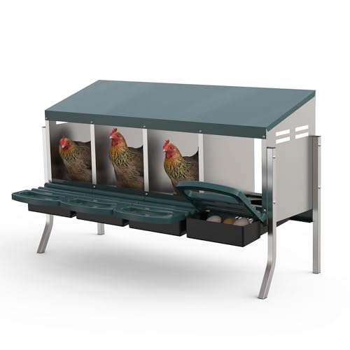 GarveeLife Chicken Nesting Box 4 Hole, Galvanized Steel Nest with Roll Away Egg Collection & Swing Perch, Easy-Clean Laying Box for Hens, Heavy Duty Design for Chicken Coop - color: Green, size: 4 holes with legs