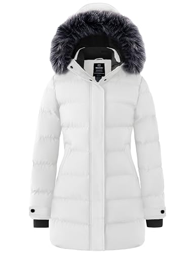 wantdo Women's Long Quilted Winter Coat Thicken Puffer Jacket with Faux Fur Hood - color: Beige, size: Large