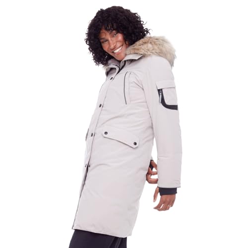ALPINE NORTH Laurentian Women’s Vegan Down Long Parka Jacket with Faux Fur Hood - color: Taupe, size: Small, style: Standard Size