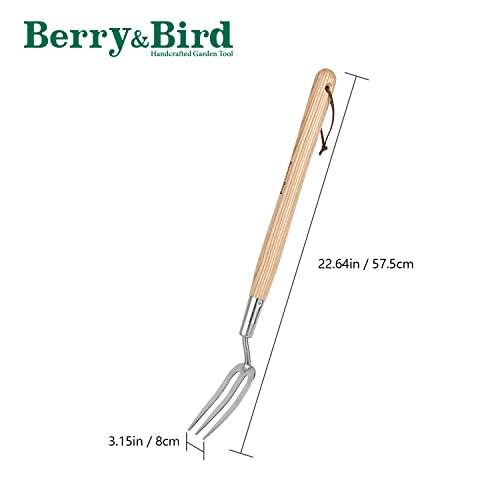 Berry&Bird Gardening Hand Fork, 22.6 Inches Long Handled Stainless Steel Weed Fork, Traditional Garden Hand Fork Tool with Ergonomic Ash Wood Handle for Weeding, Digging, Planting and Cultivating - size: Hand Fork