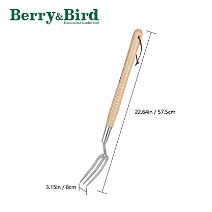 Berry&Bird Gardening Hand Fork, 22.6 Inches Long Handled Stainless Steel Weed Fork, Traditional Garden Hand Fork Tool with Ergonomic Ash Wood Handle for Weeding, Digging, Planting and Cultivating - size: Hand Fork