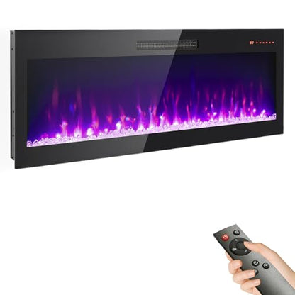 50" Electric Fireplace, Wall Mounted Recessed Fireplace Insert, 16 Adjustable Flame Colors, Fit 2x6 Stud w/Timer, Remote Control, Ultra-Thin Fireplace Heater, 1400W, Black - size: 50 Inch Standard