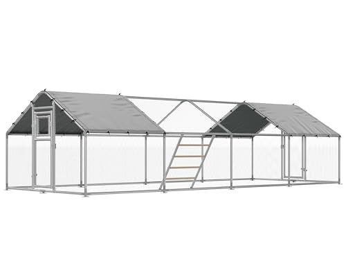 26×10 FT Extra Large Walk-in Chicken Coop, Spire Roof Chicken Run with Cover, Front & Rear Doors, Feeding Door, Roosting Ladder, Galvanized Steel Frame - size: 298.4"L x 118.1"W x 77.6"H