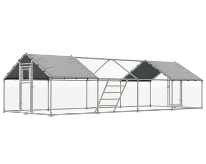 26×10 FT Extra Large Walk-in Chicken Coop, Spire Roof Chicken Run with Cover, Front & Rear Doors, Feeding Door, Roosting Ladder, Galvanized Steel Frame - size: 298.4"L x 118.1"W x 77.6"H