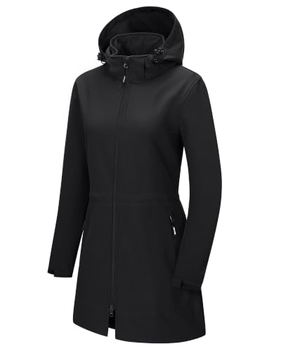 Outdoor Ventures Women's Softshell Jacket with Removable Hood Fleece Lined Windbreaker Insulated Long Warm Rain Jacket - color: Black, size: Medium