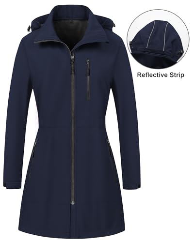 CREATMO US Women's Lightweight Waterproof Long Softshell Tactical Jacket Fleece Lined Windbreaker - color: Navy, size: Medium