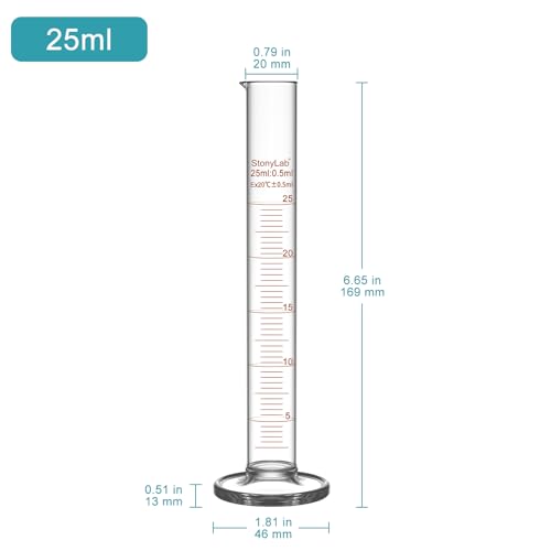 stonylab 1-Pack Graduated Cylinder, Borosilicate Glass 25 ml Heavy Wall Graduated Glass Measuring Cylinder - size: 25 ml
