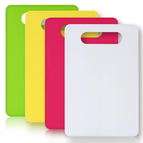 Luckyiren Cutting Board Set of 4, 11.4" x 7.5" x 0.1", Red Green Yellow White, Plastic Kitchen Cutting Boards with Juice Groove & Handle Hole, Lightweight & Dishwasher Safe - color: Macaron; 6-Pack