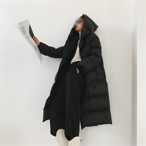 Women's Down Jacket Long Knee Length Hood Loose Warm and Thick Autumn/Winter Black Coat with Belt - size: Large