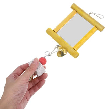 Yardwe Bird Cage Toys 2Pcs Hanging Mirror Toys with Bells and Pecking Blocks for Parrots Chickens Roosters Interactive Chew Toys for Bird Cage