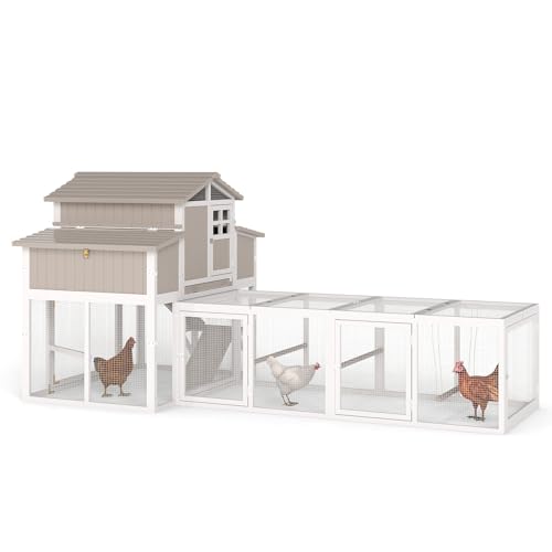 Gowoodhut 115.36"L 2-Story Chicken Coop with Extra Large Run Cage,Chicken House Hen House with 2 Large Nesting Boxes,Expandable Poultry Cage for 4-6 Hens with 6 Perching Bars,Pull-out Tray,Ramps(Grey) - size: PET85+Extra Run Cage-Grey