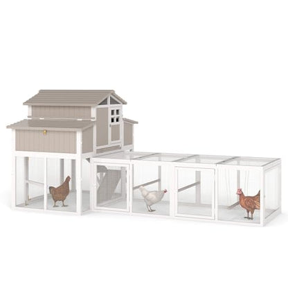 Gowoodhut 115.36"L 2-Story Chicken Coop with Extra Large Run Cage,Chicken House Hen House with 2 Large Nesting Boxes,Expandable Poultry Cage for 4-6 Hens with 6 Perching Bars,Pull-out Tray,Ramps(Grey) - size: PET85+Extra Run Cage-Grey