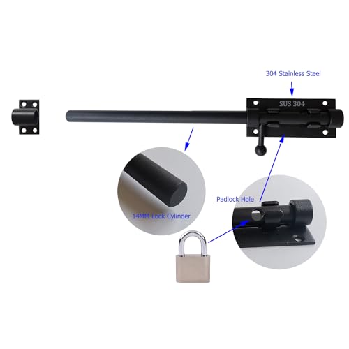 12 Inch Barrel Bolt Latch, 304 Stainless Steel Heavy Duty Gate Latch Slide Lock with Padlock Hole, 14mm Dia.Rod Security Sliding Bolt Gate Latch for Wooden Fence, Door Latch - Black - size: 12 Inch - Black