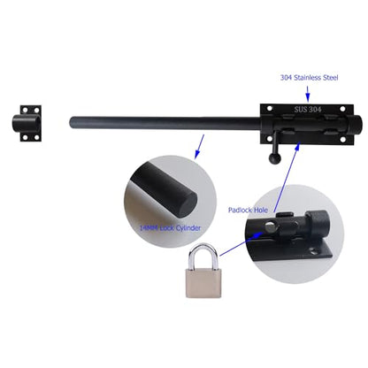 12 Inch Barrel Bolt Latch, 304 Stainless Steel Heavy Duty Gate Latch Slide Lock with Padlock Hole, 14mm Dia.Rod Security Sliding Bolt Gate Latch for Wooden Fence, Door Latch - Black - size: 12 Inch - Black