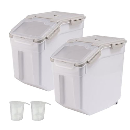 50 lbs Flour Storage Container, 2 Pack Rice Storage Container with Measuring Cup & Scoop, Pet Food Storage Container Dog Cat Food Bin, Grey - color: 50BL,2PCS,GRAY