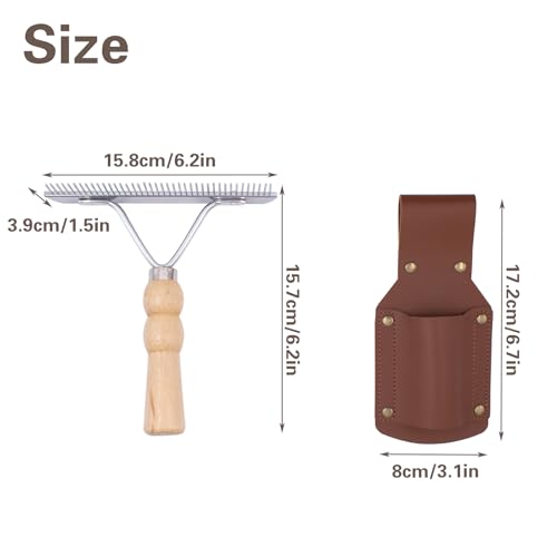 Leather Show Comb Holder and Mini Fluffer Comb Set, Livestock Show Comb Grooming Tool Holder with Metal Comb for Horse, Cattle, Dog, Cat, Goat