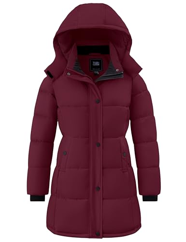 ZSHOW Women's Long Quilted Winter Coat Waterproof Warm Puffer Jacket Parka with Detachable Hood - color: Wine Red, size: Medium