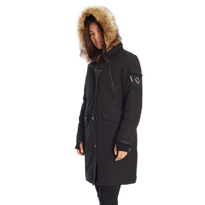 ALPINE NORTH Laurentian Women’s Vegan Down Long Parka Jacket with Faux Fur Hood - color: Black, size: Medium, style: Standard Size