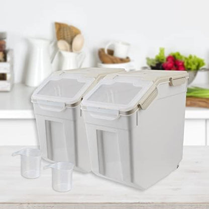 4 Pack Grain Food Storage Container, 20LB Airtight Rice Bin Storage Bucket with Spoon and Measuring Cup, Large Flour Dispenser Container Set 80LB Total Capacity, Grey - color: 30lbs,4Pcs,Gray