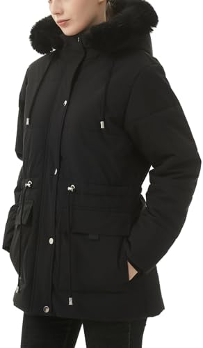MOERDENG Women's Warm Winter Puffer Coat Thicken Fleece Lined Down Jacket Faux Fur Detachable Hood Snow Parka - color: Black, size: Large