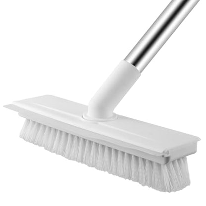 Floor Scrub Brush with Long Handle, 2 in 1 Scrape Brush Stiff Bristle Floor Scrubber for Cleaning Shower Bathroom Garage Kitchen Wall Deck Tub Tile, White