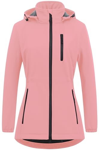 Chrisuno Women's Lightweight Long Softshell Fleece Lined Jacket Anorak Raincoat With Removable Hood - color: Pink, size: Small