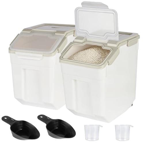Rice Storage Container 50 lbs, Grey, 2 Pack | Airtight, with Wheels, Locking Lid, Measuring Cup Included, for Flour Sugar Grain Cereal - color: Grey, size: 50lbs