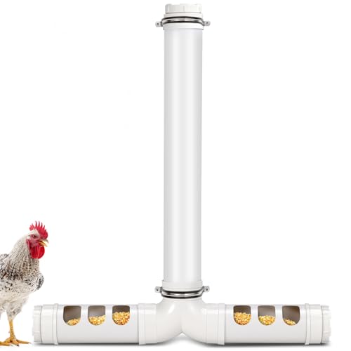 PVC Chicken Feeder No Waste 13lbs Automatic Poultry Chicken Coop Feeder 6 Feeding Port Gravity Poultry Feeding Trough for Ducks Turkeys Geese Quails Pigeon