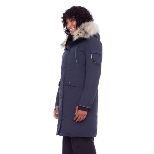 ALPINE NORTH Laurentian Women’s Vegan Down Long Parka Jacket with Faux Fur Hood - color: Navy, size: Large, style: Standard Size