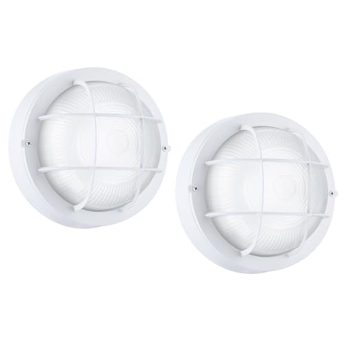 Round Bulkhead Light, Outdoor LED Nautical and Sauna Lamp | Dimmable, 8.0 Inch 1500 Lumen 5000K, Aluminum, Glass, Water-proof Wall Lantern Light for Patio, Porch, Garage, White, 2-Pack - color: 5000K White, size: 2pk-round
