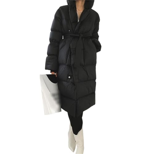Women's Down Jacket Long Knee Length Hood Loose Warm and Thick Autumn/Winter Black Coat with Belt - size: Medium