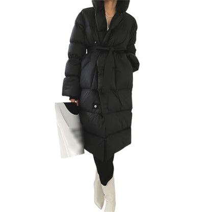 Women's Down Jacket Long Knee Length Hood Loose Warm and Thick Autumn/Winter Black Coat with Belt - size: Medium