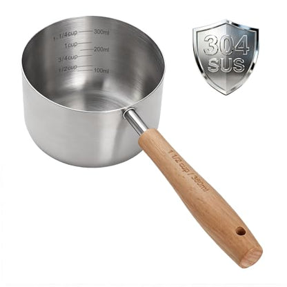 1PCS 1-1/2Cup(360ml | 12oz) Dog Cat Food Scoop, 18/8(304) Stainless Steel Measuring Cup with Wooden Handle, Etched Measurements Inside, BPA Free Portion Control for Pets & Kitchen Use - size: 1-1/2 CUP