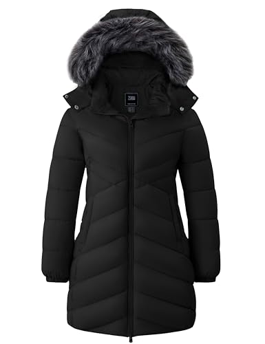 ZSHOW Women's Long Winter Coat Waterproof Warm Quilted Puffer Jacket with Faux Fur Hood - color: Black, size: Medium