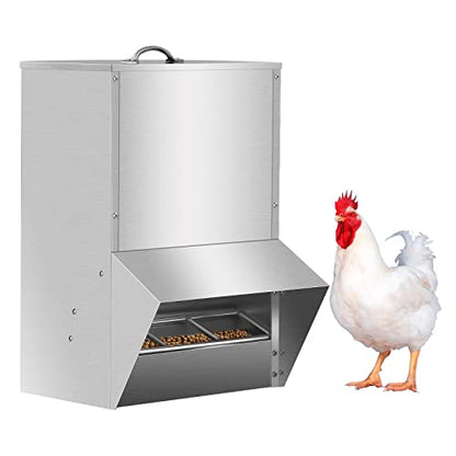 Galvanized Chicken Feeder No Waste, 30LBS Poultry Feeders Silver, Rat Proof Hanging Chicken Feeder with Lid, Weatherproof Outdoor Coop Food Dispenser