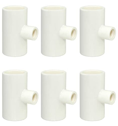 (6 Pack) Chicken Waterer PVC Tee Fittings For Threaded Poultry Watering Cups - Schedule 40 PVC 1/2 inch Slip X 1/2 inch Slip X 1/8 inch FPT
